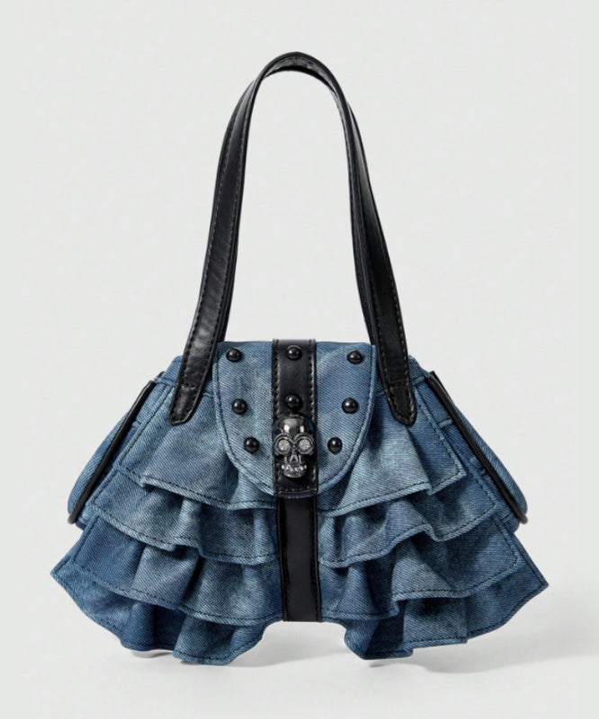 Blue Ruffles Patchwork Denim Nail Bead Shoulder Bags
