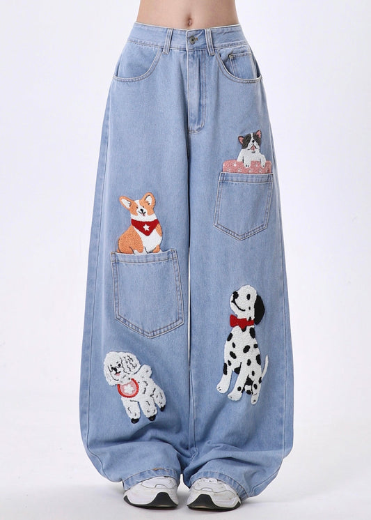 Diy Blue Animal Embroidered Denim Straight Pants Spring