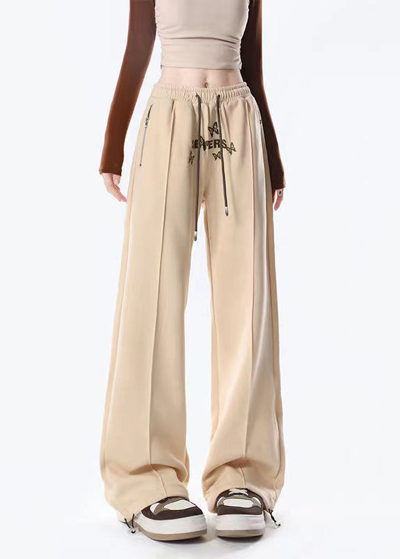 Apricot Butterfly Embroideried Warm Fleece Wide Leg Pants Spring
