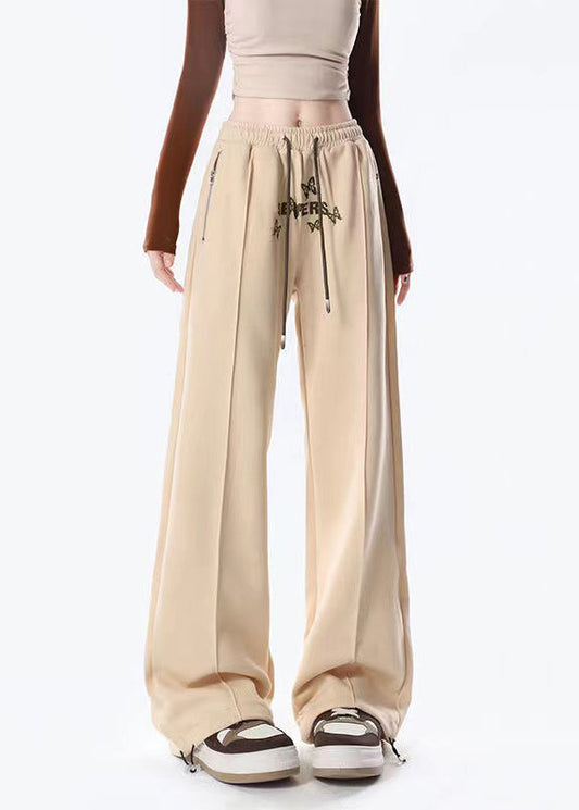 Apricot Butterfly Embroideried Warm Fleece Wide Leg Pants Spring