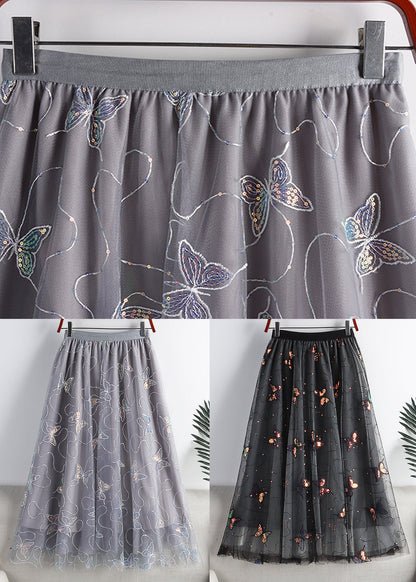 Grey Butterfly Embroideried Elastic Waist Tulle a Line Skirt Summer