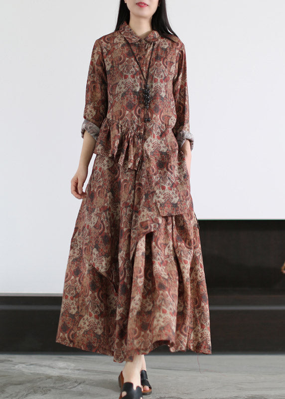 Boutique Grey Peter Pan Collar Print Shirts and Skirts Linen Two Pieces Set Spring