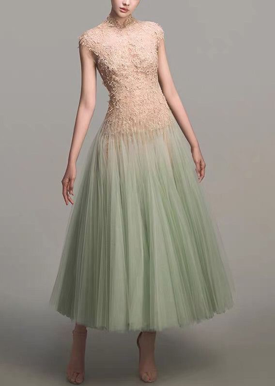 Green Backless Lace Patchwork Tulle Party Dress Summer