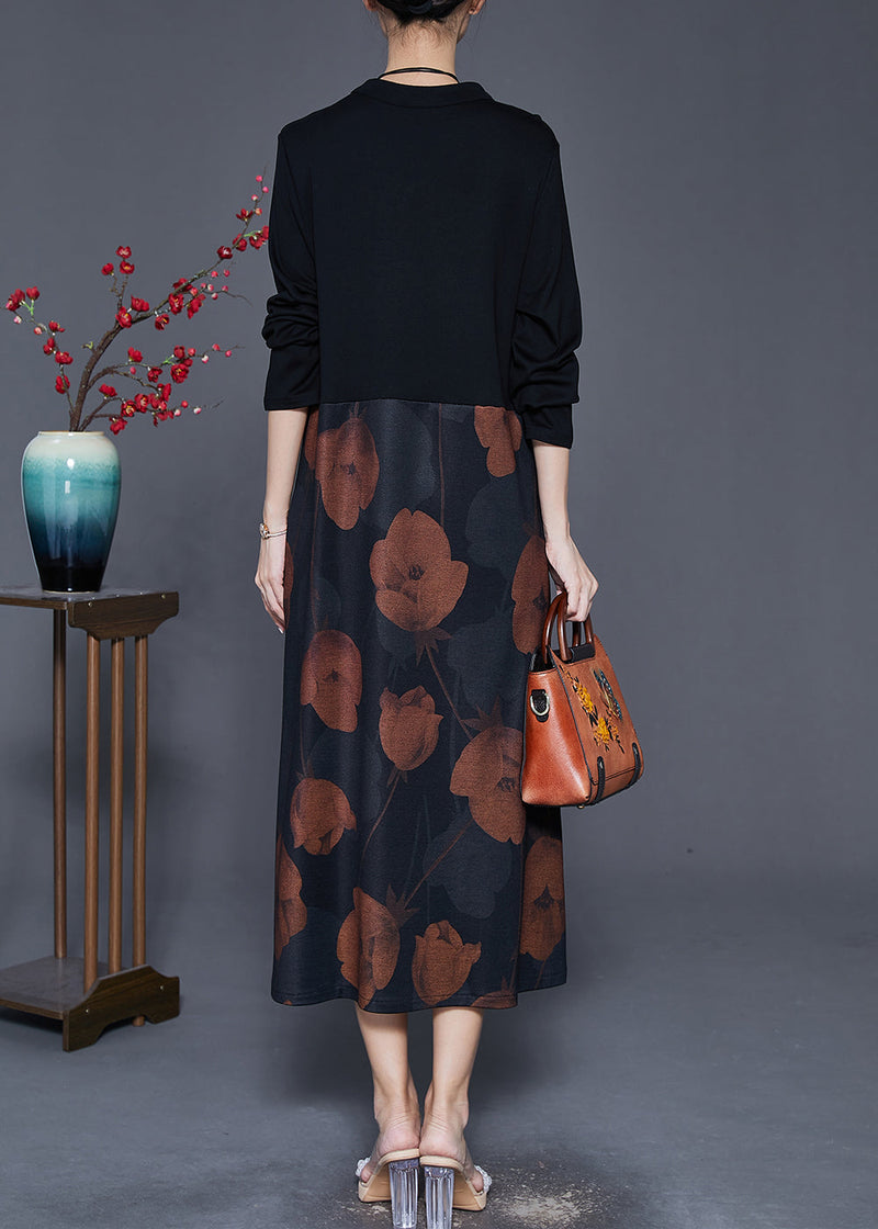 Khaki Print Cotton Vacation Dresses Chinese Button Spring