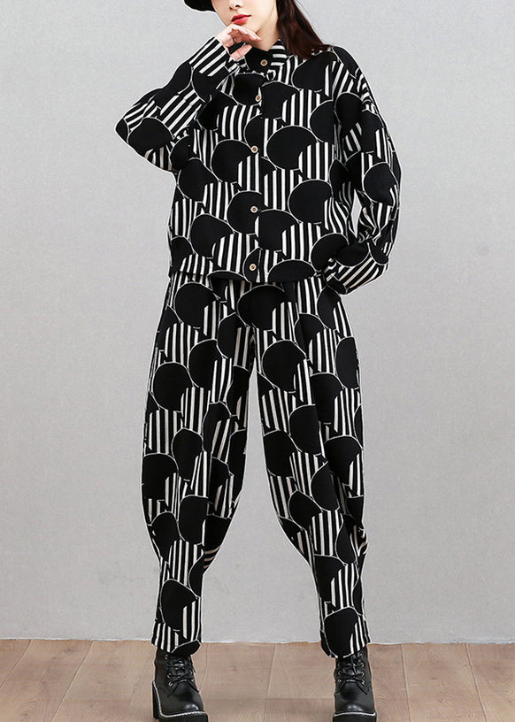 Modern Black Dot Print Top and Beam Pants Two Pieces Set Long Sleeve