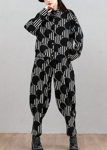 Modern Black Dot Print Top and Beam Pants Two Pieces Set Long Sleeve