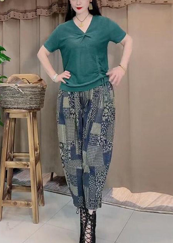 Simple V Neck Drawstring Cotton Tank Tops and Harem Pants Two Pieces Set Summer