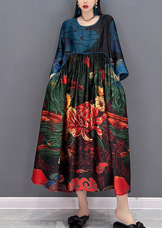 Cyan O-neck Print Silk Dress Three Quarter Sleeve
