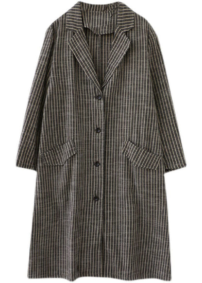 Khaki Peterpan Collar Button Pockets Striped Fall Long Sleeve Trench Coats