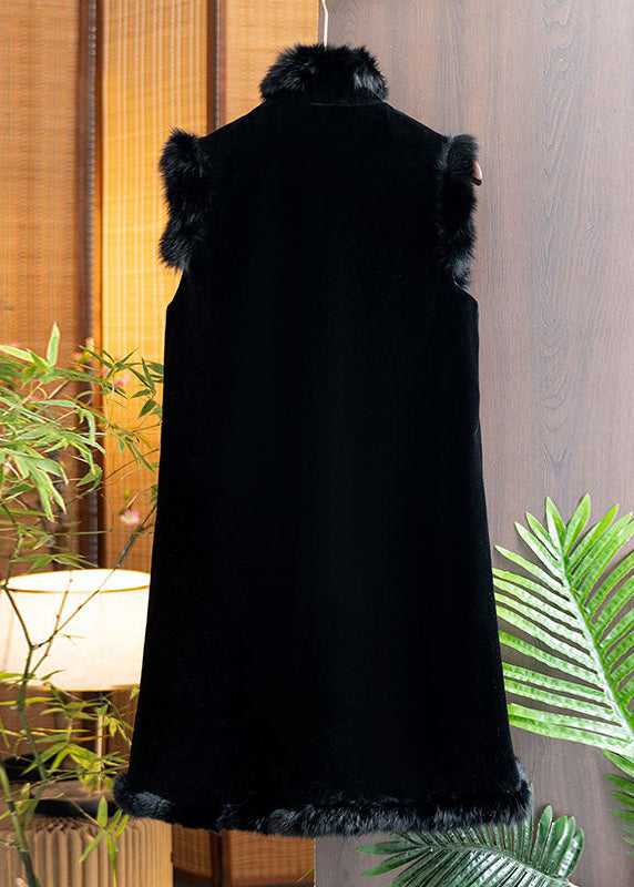 Black Fur Collar Embroideried Patchwork Silk Velour Waistcoat Sleeveless