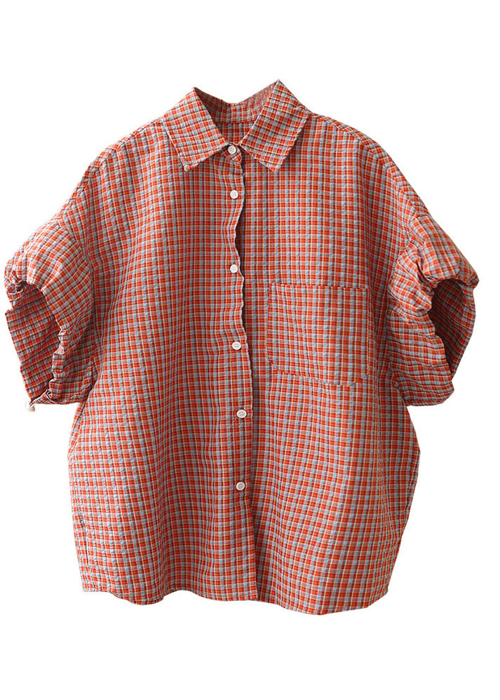 Red Peter Pan Collar Plaid Button Cotton Shirts Lantern Sleeve