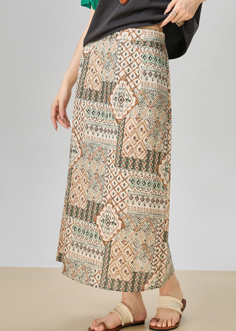 French Khaki Hollow Out Knit Dress and Print Skirts Two Pieces Set Sleeveless