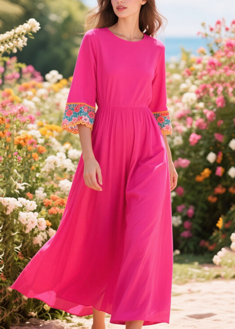 Rose O-neck Patchwork Cotton Robe Dresses Summer