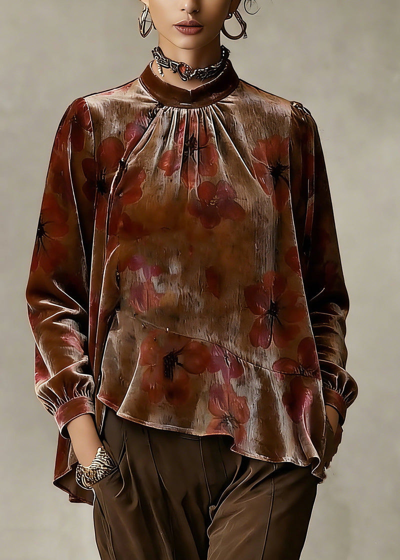 Loose Stand Collar Asymmetrical Ruffled Silk Velour Shirt Spring
