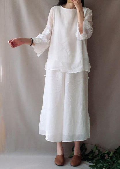 Art O Neck Petal Sleeve Tunics for Work White Shirts