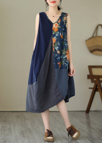 White Plaid Asymmetrical Print Cotton Dress Sleeveless