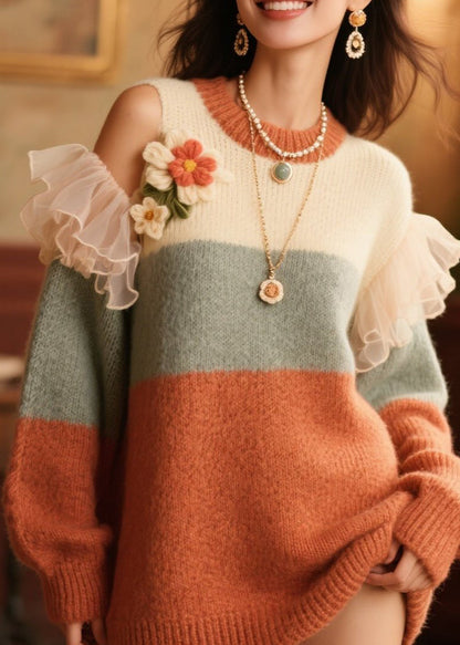Italian Cold Shoulder Ruffled Knit Sweater Fall
