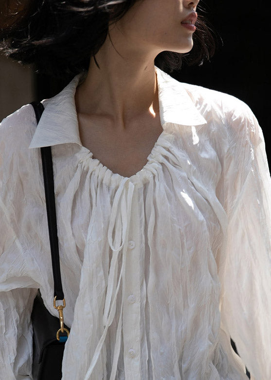 White Peter Pan Collar Wrinkled Neck Tie Button Shirts Long Sleeve