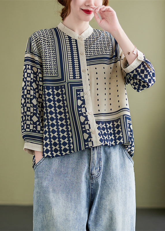 Stand Collar Print Cotton Chiffon Shirts Bracelet Sleeve