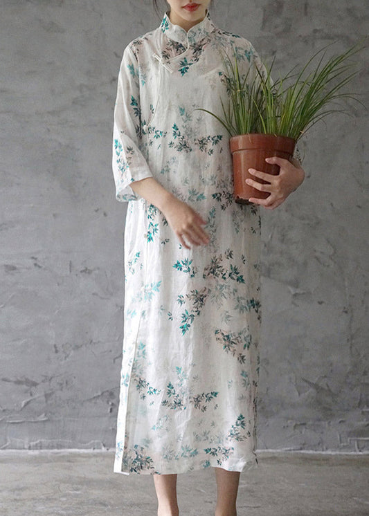 White Print Stand Collar Side Open Linen Cheongsam Dress Summer