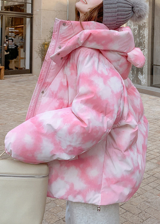 Pink Hooded Tie Dye Fine Cotton Filled Jackets Winter