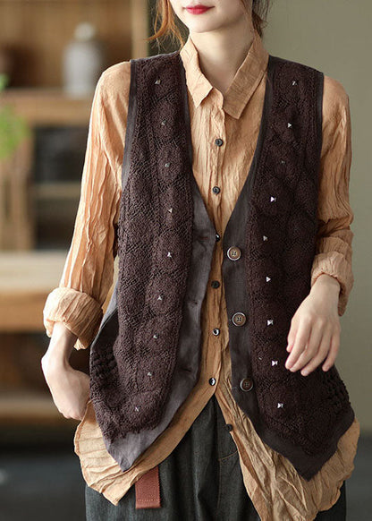 Stylish Chocolate Patchwork Button Rivet Fall Sleeveless Vest
