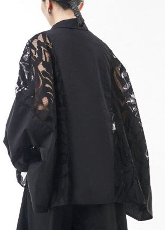 Black Peter Pan Collar Lace Patchwork Blouse Tops Spring