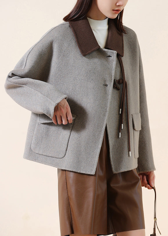 Grey Tasseled Patchwork Chinese Button Wool Coats Winter