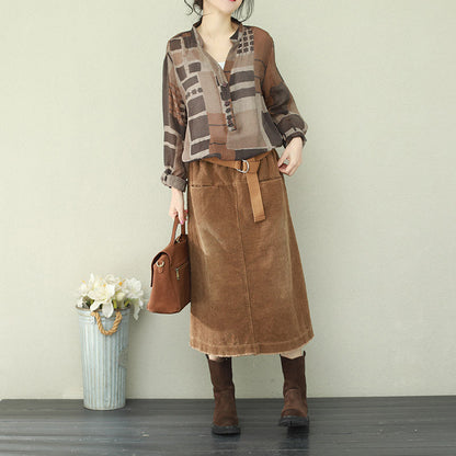 French V Neck Chiffon Shirts Photography Brown Plaid Box Shirt