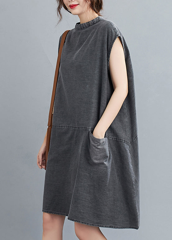 French Grey Stand Collar Pockets Cotton Denim Dress Sleeveless