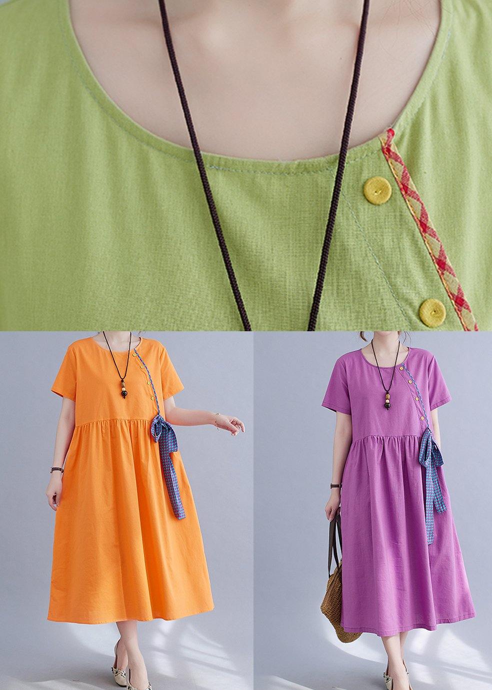 Natural Purple O-neck Linen Summer Cotton Dress