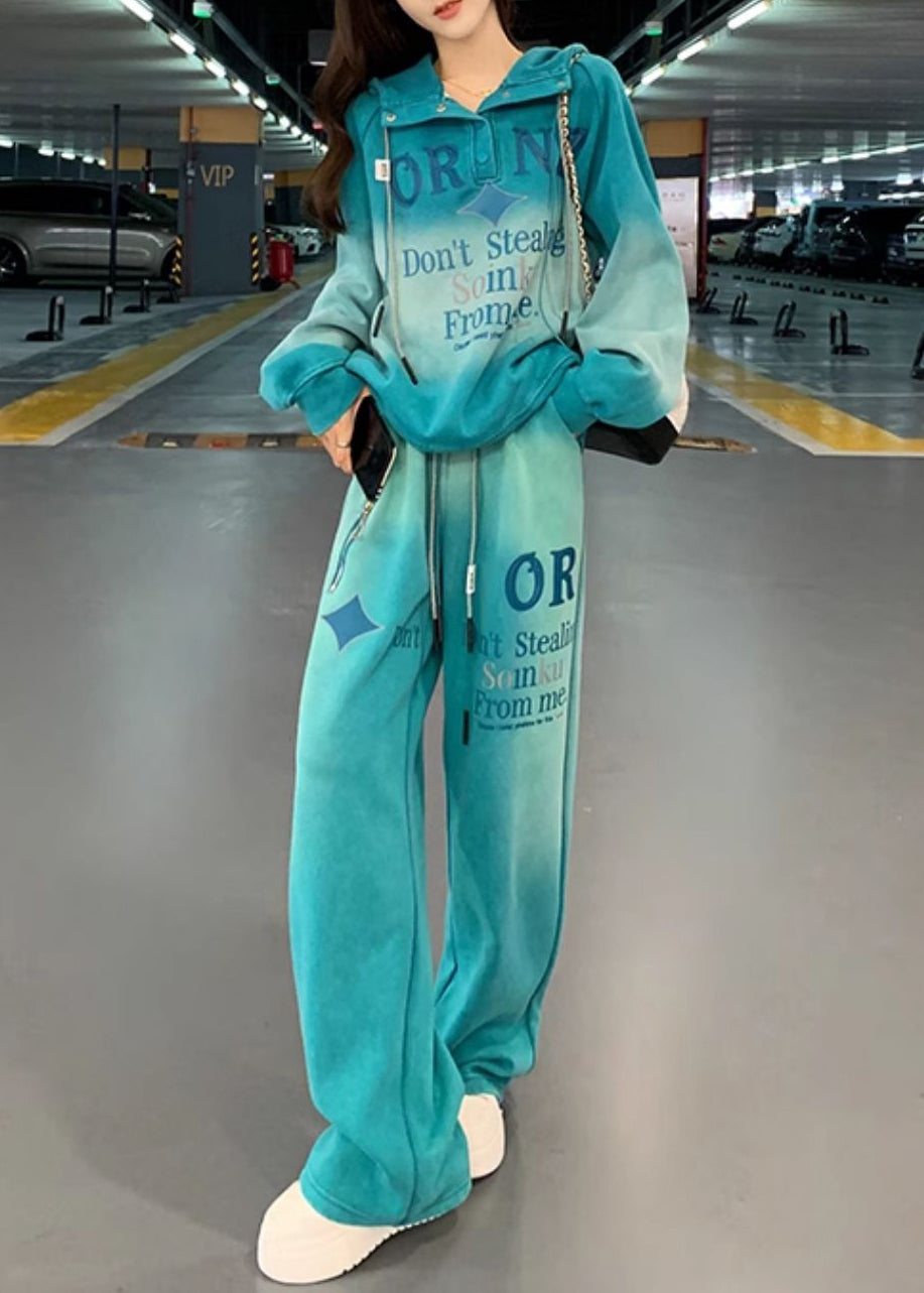 Blue Letter Sweatshirt and Pants Warm Fleece Two Pieces Set Hooded
