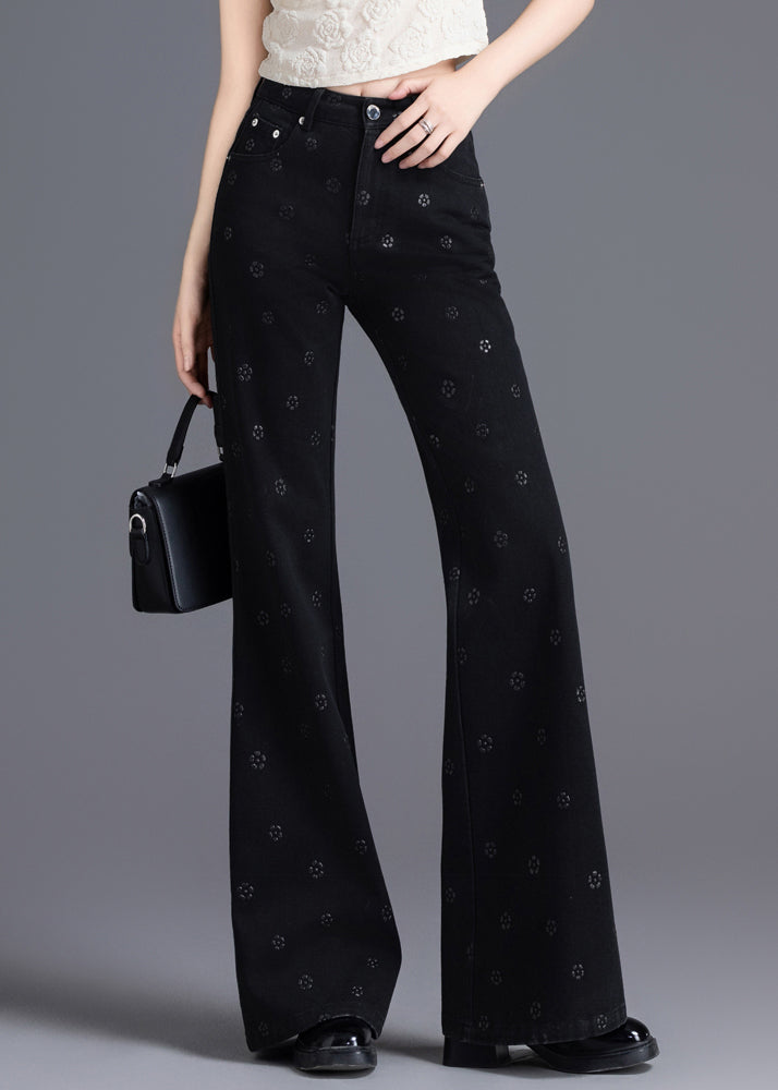 Slim Fit Black Pockets Print Denim Flared Trousers Spring