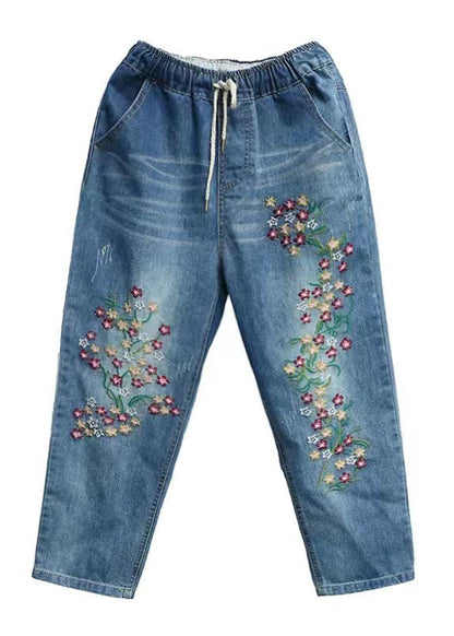 Blue Embroidered Denim Crop Pants Summer