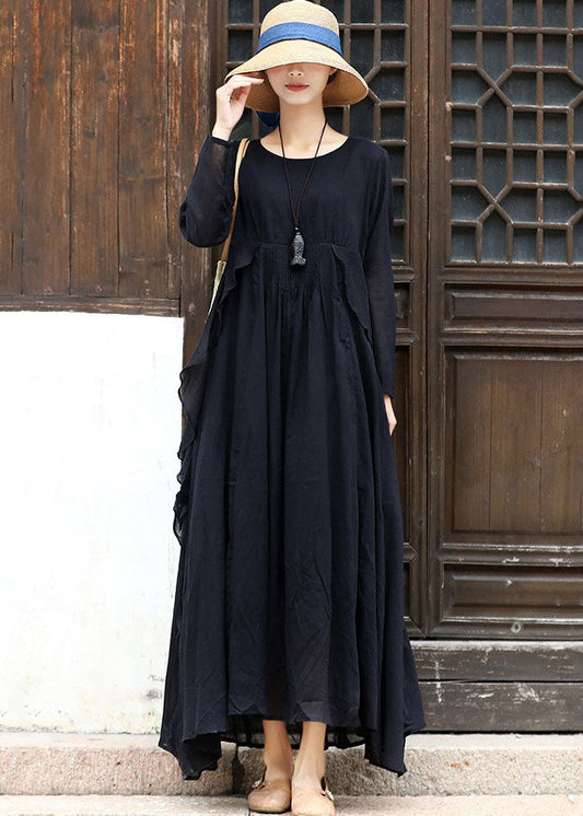 Black Asymmetrical Design Cotton Loose Dress Long Sleeve