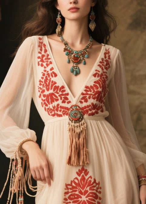 White Tasseled Print Chiffon Long Dress Fall