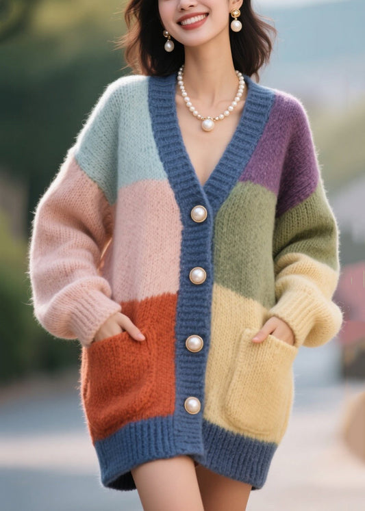 Colorblock Button Pockets Patchwork Knit Cardigan Fall