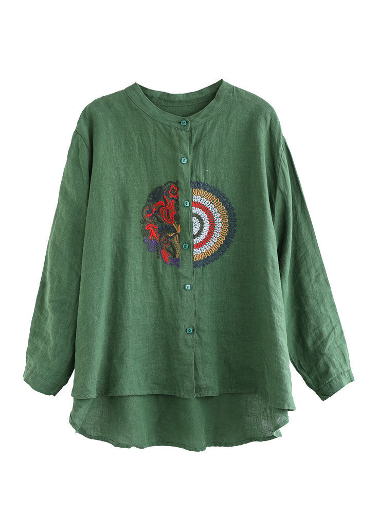 Green Embroideried Linen Shirt Top Long Sleeve