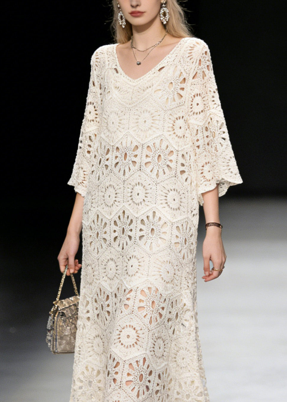 New Apricot V Neck Hollow Out Knit Long Dress Summer