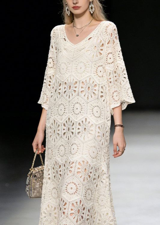 New Apricot V Neck Hollow Out Knit Long Dress Summer