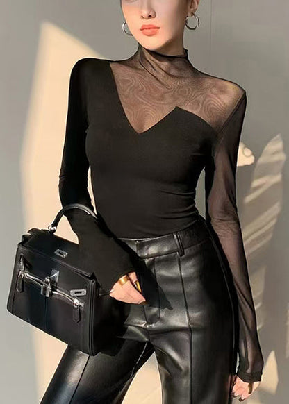 Black Asymmetrical Patchwork Hollow Out Tops Spring