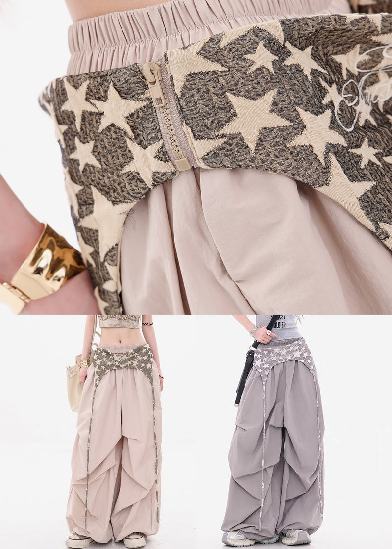 New Khaki Wrinkled Elastic Waist Patchwork Cotton Wide Leg Pants Fall