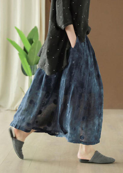 Navy Wrinkled Pockets Patchwork Linen Skirts Summer