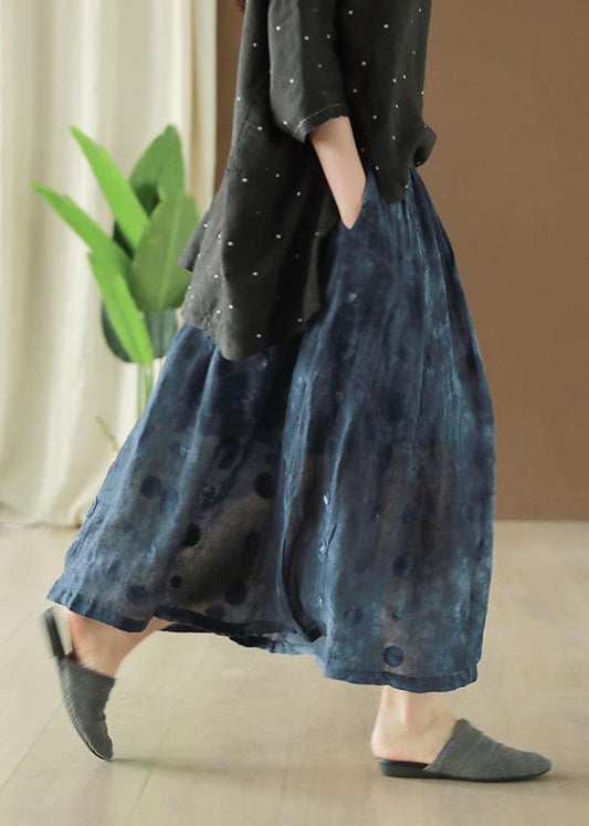 Navy Wrinkled Pockets Patchwork Linen Skirts Summer