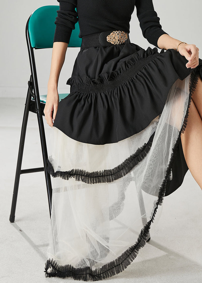 Black Ruffled Patchwork Tulle Cotton Skirt Spring