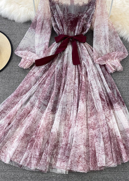 Diy Mulberry O-neck Print Tulle Long Dress Long Sleeve
