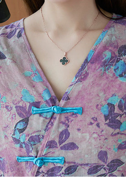Purple V Neck Button Print Blouse Tops Half Sleeve