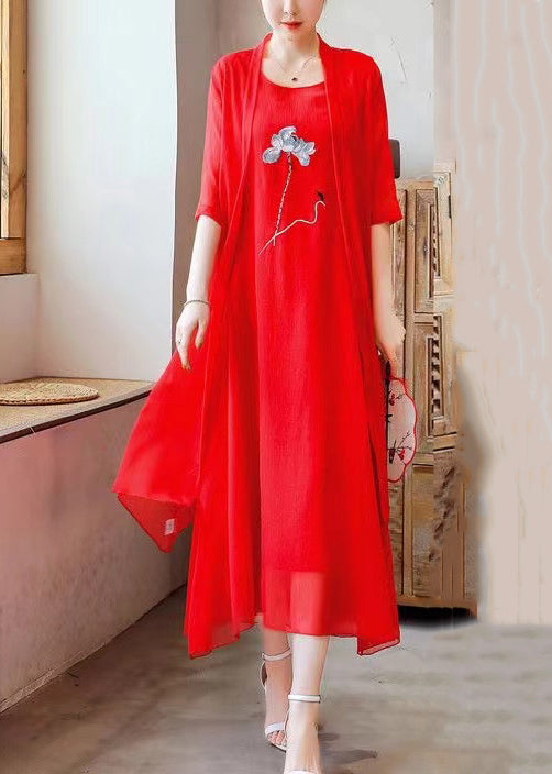 Loose Red O Neck Embroidered Chiffon Two Pieces Set Half Sleeve