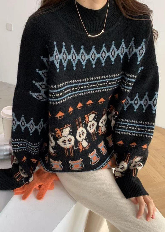 Black Rabbit Pattern Knit Sweat Tops High Neck Sweater Tops