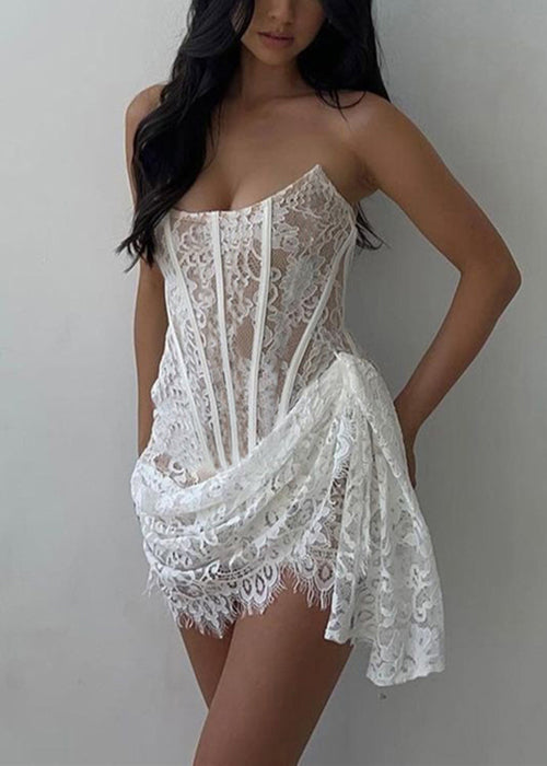 White Cold Shoulder Asymmetrical Lace Cotton Mini Dress Sleeveless